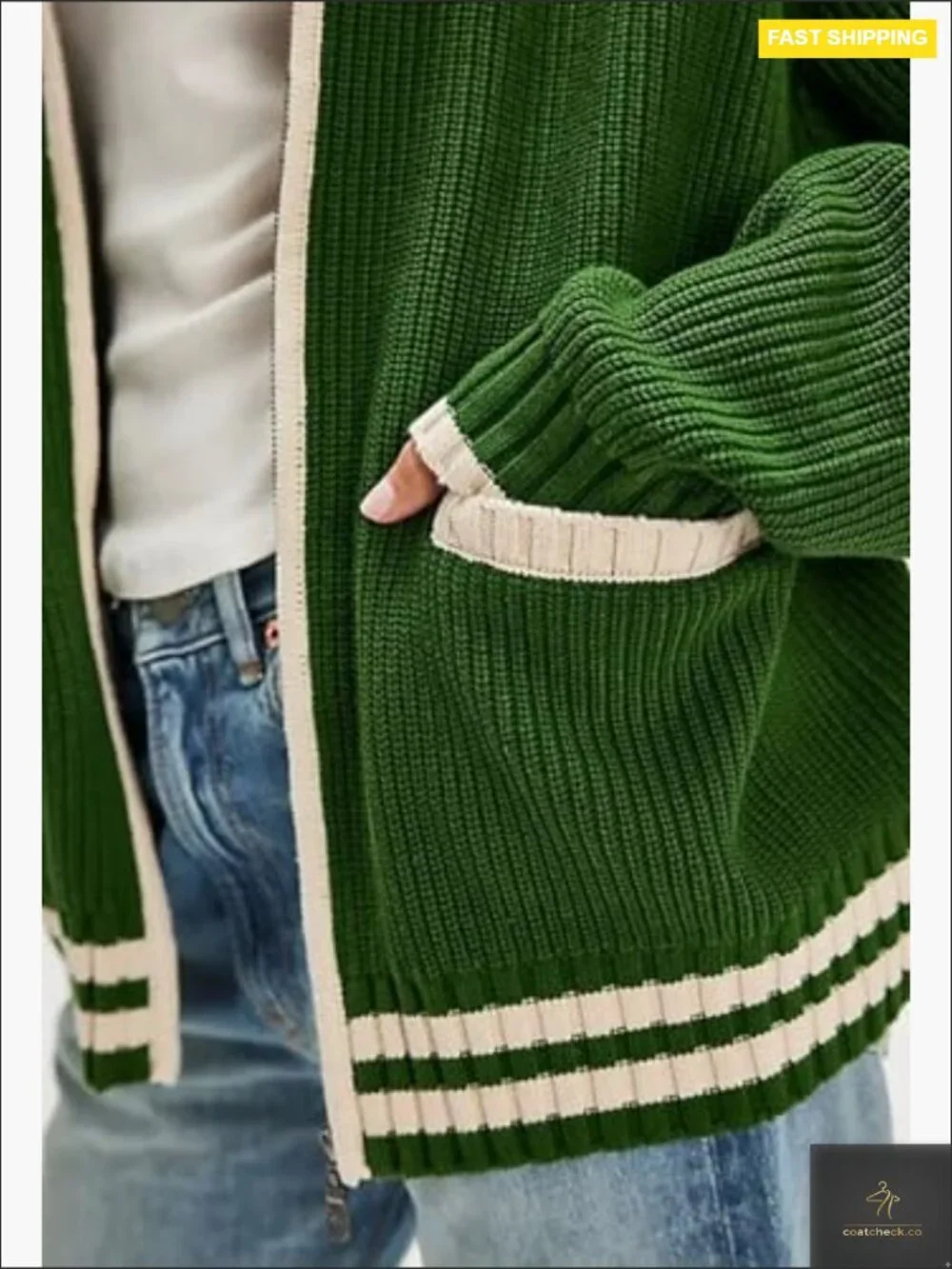 Oversized Zip Up Cardigan Sweater Women Casual Knit Outerwear Contrast Trim - Picture 6 of 7